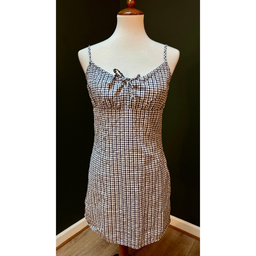 Sky & Sparrow Gingham Tie Front Spaghetti Strap Preppy‎ Mini Dress 100% Cotton L